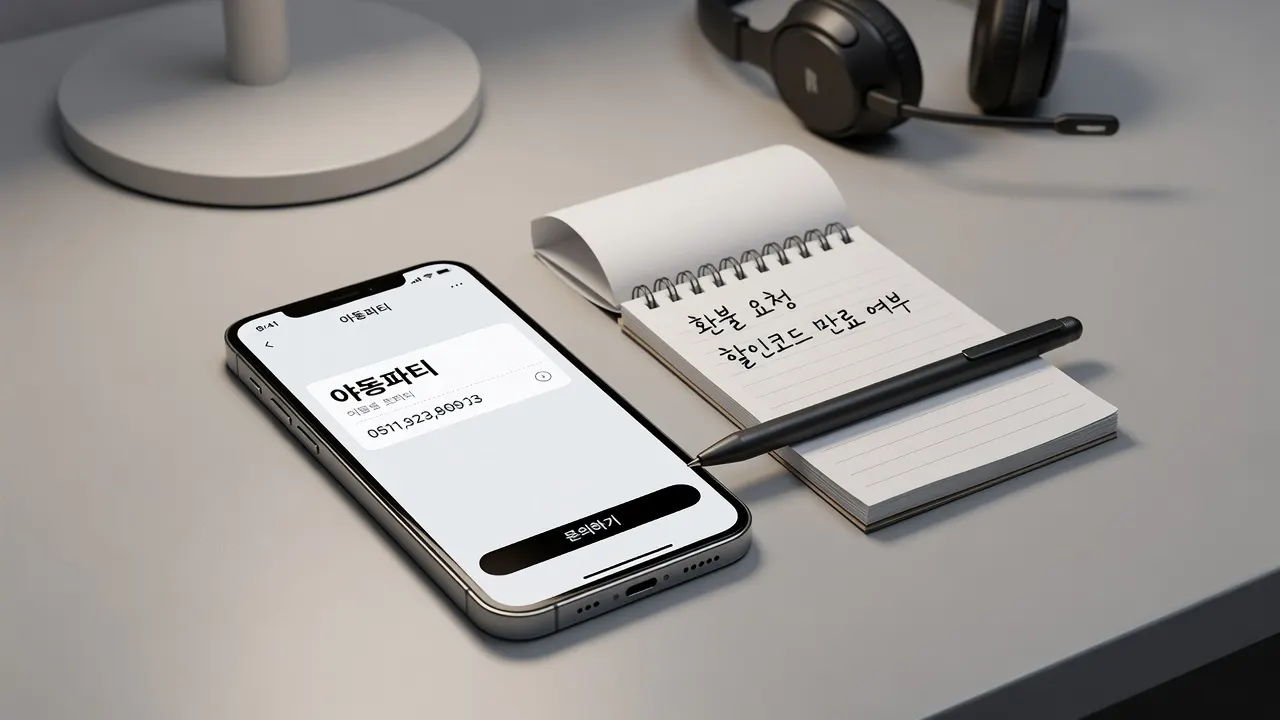 스마트폰 결제 앱에 야동공장 청구 내역과 환불·할인코드 확인 노트, 문의하기 버튼을 가리키는 펜