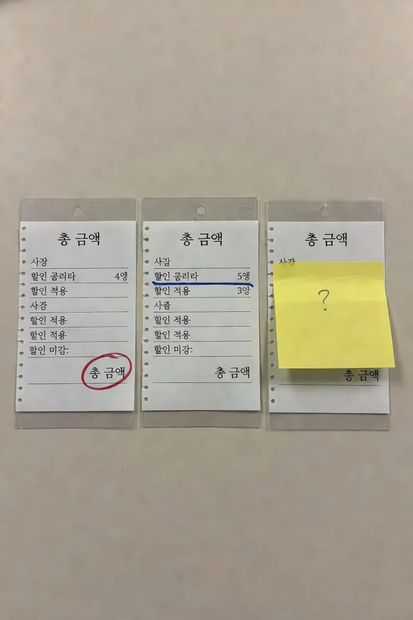 책상 위에 놓인 청구서 세 장: 빨간펜으로 총금액 표시, 할인 적용 하이라이트, 물음표 메모지